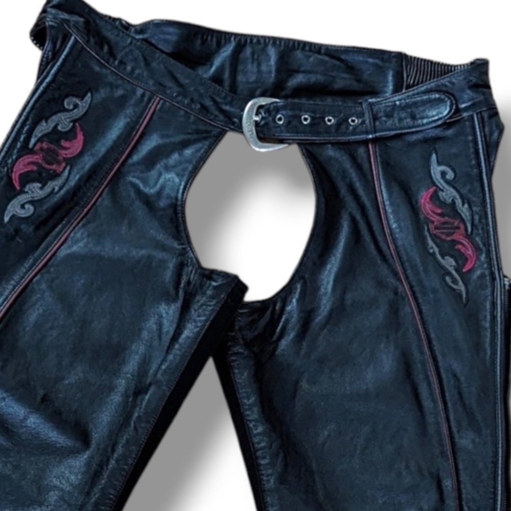 Harley-Davidson Women's Black Leather Embroidered Motorcycle Chaps: XL